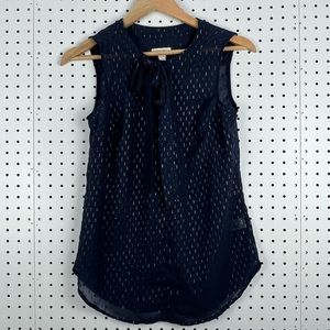 Merona Women's Sheer V-Neck Sleeveless Blouse with Tie Size XS Blue Gold Office